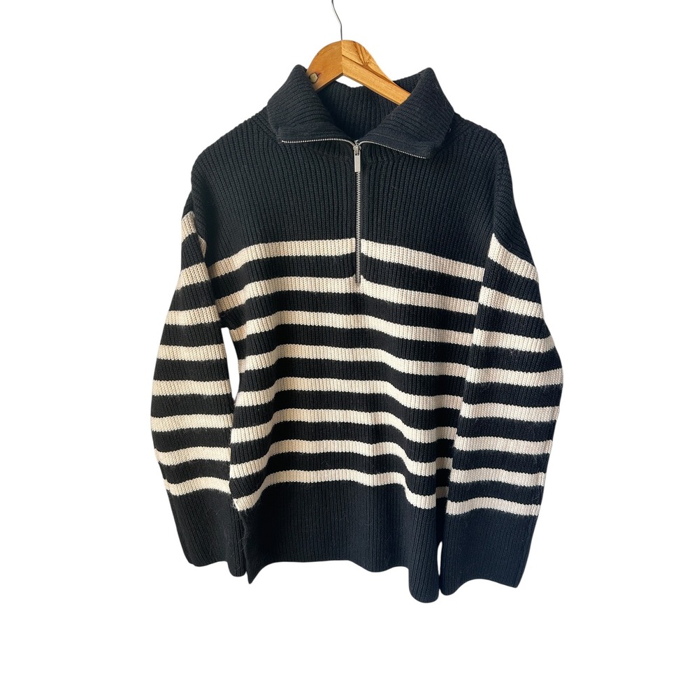 H & M Sweater Knit Wool Blend Striped Black/Cream Half Zip Pullover Oversized XS